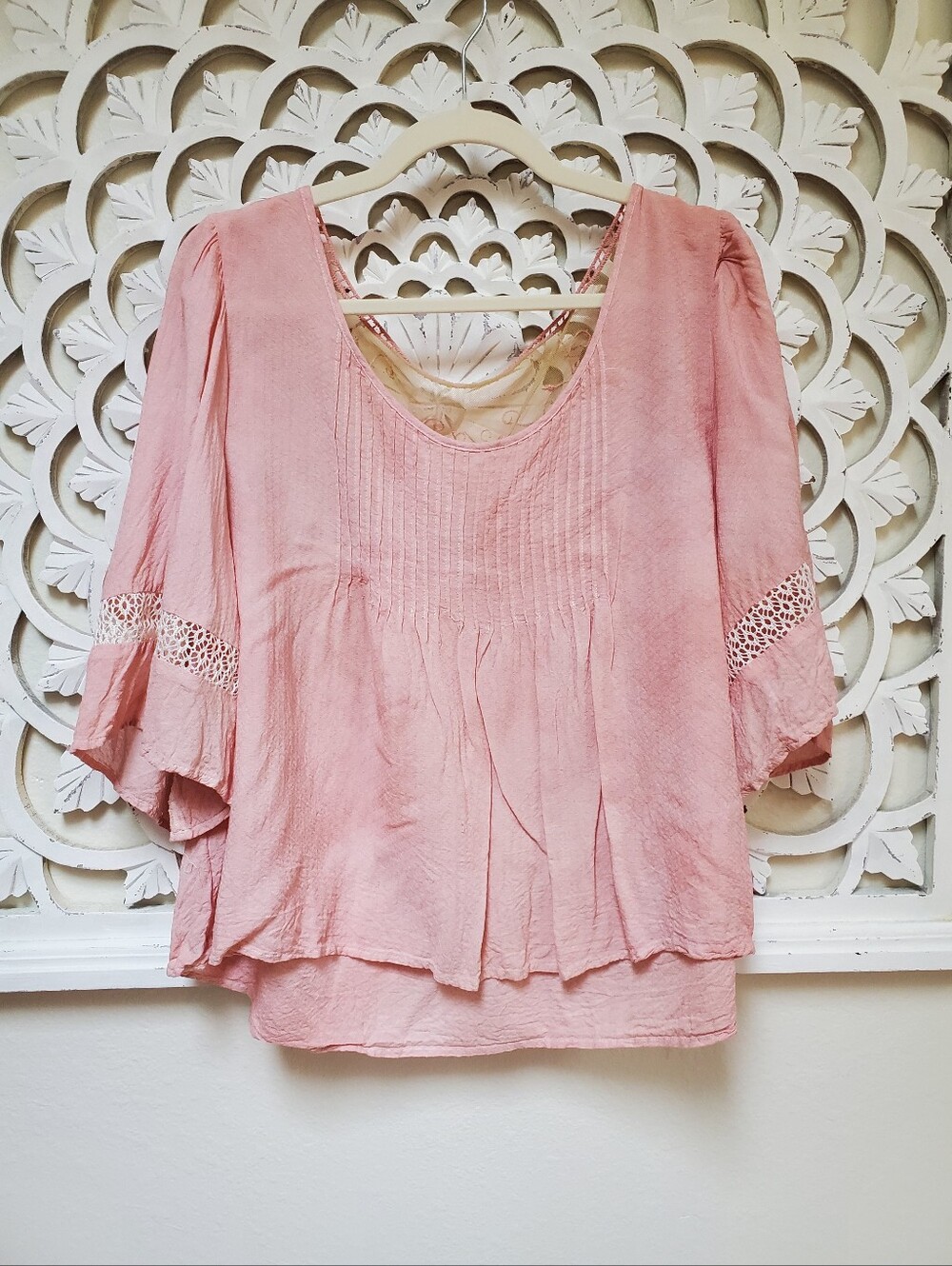Upcycled Hibiscus Tea Dyed Lorimer XXL Pintucked Lace Accent Top